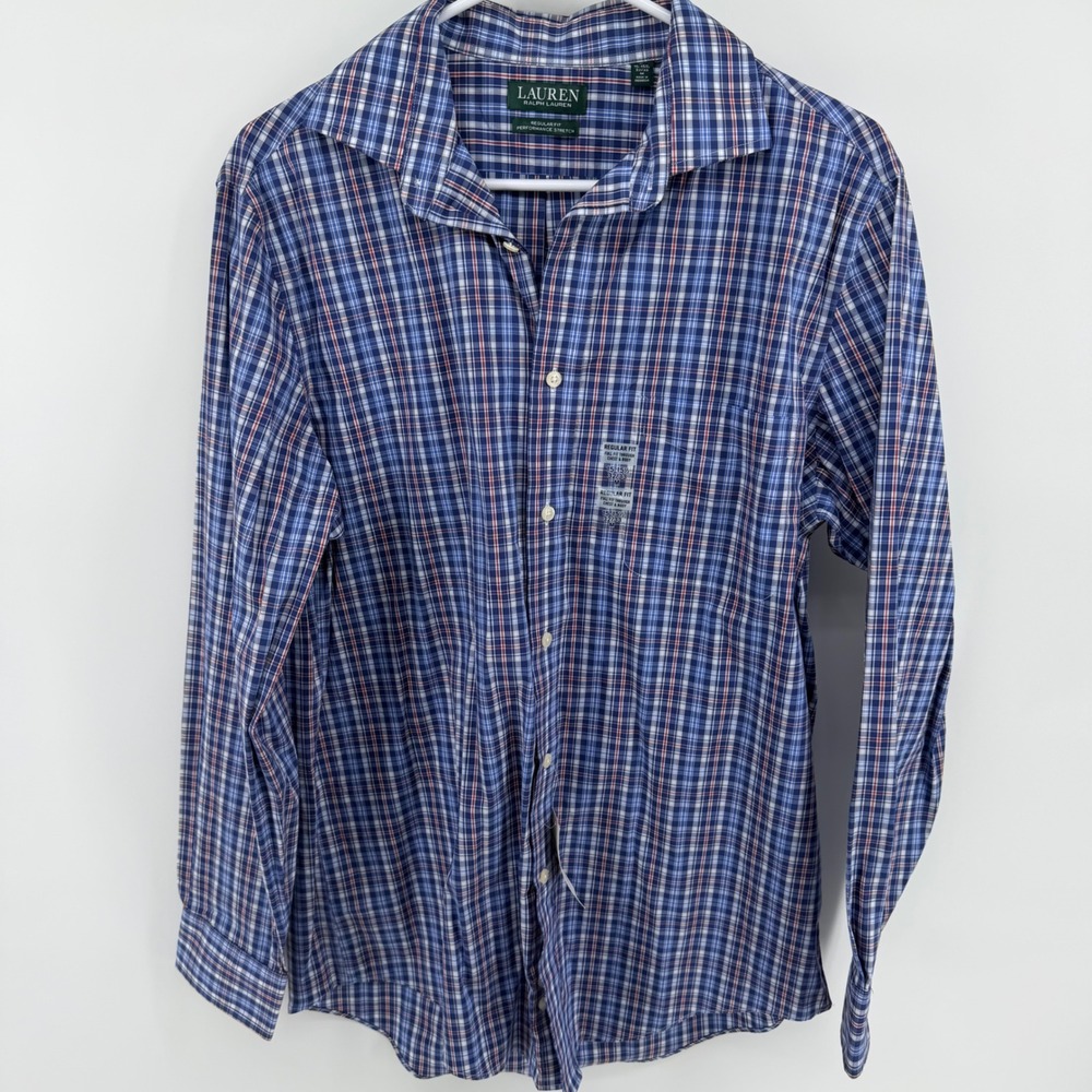 Lauren Ralph Lauren Mens Plaid Performance Shirt Navy Multi 15-15.5 32/33